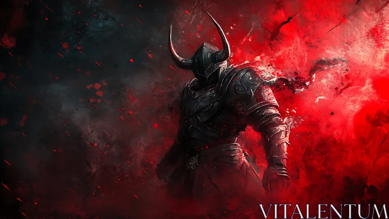 Shadowed horned knight rises within blazing red storm