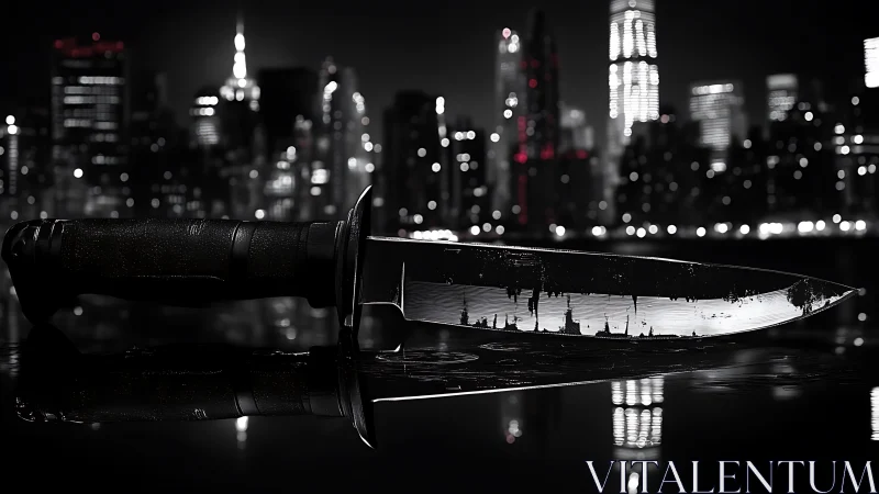 Midnight city knife glimmering against noir skyline drama.