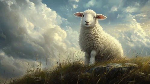 Gentle hilltop lamb under sweeping storybook skies.