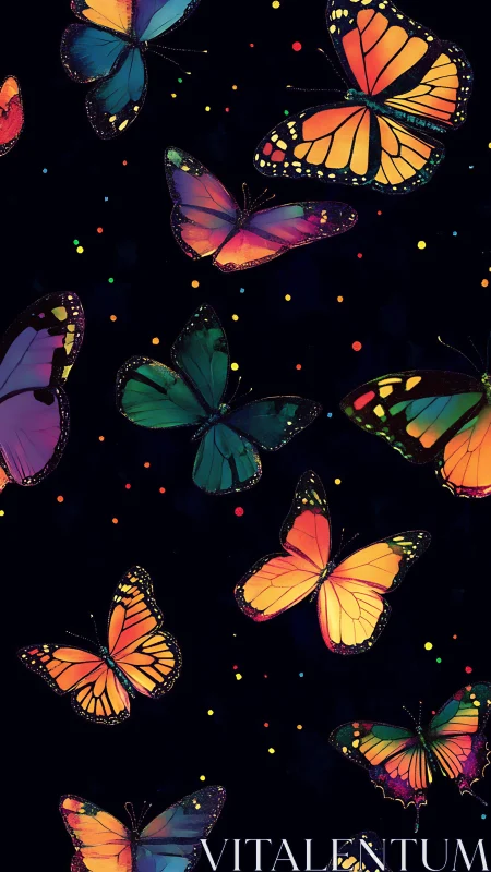Nocturnal neon butterflies drifting through star-sprinkled void.