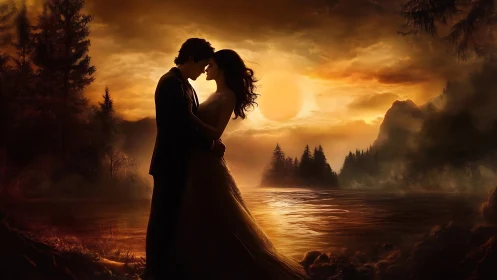 Silhouetted Couple in Golden Hour: Atmospheric Landscape Rendering with Backlighting