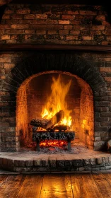 Brick Fireplace with Active Flames and Glowing Embers.