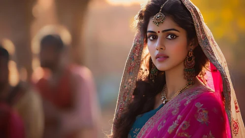 Woman in traditional attire stands outdoors in soft sunlight