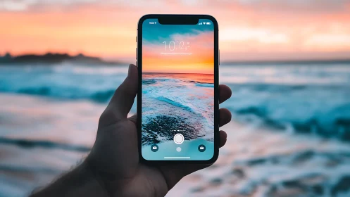 Hand holding smartphone capturing sunset beach with waves