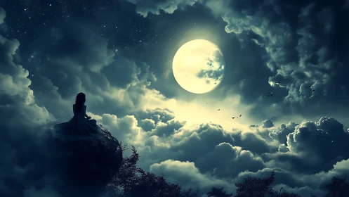 Solitary figure watches luminous full moon above clouds