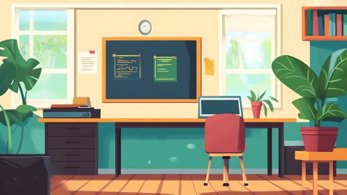 Illustrated home office desk with plants and wall board.