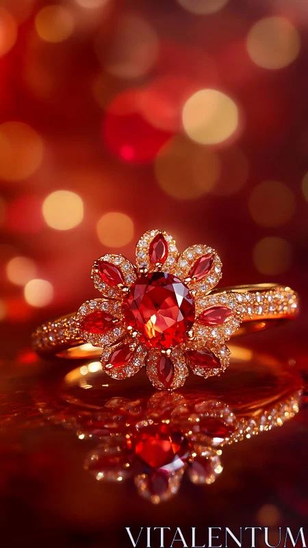 Floral ruby ring sparkles against glowing bokeh backdrop.