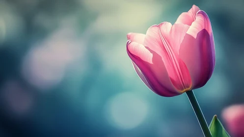 Soft pink tulip glowing gently against a dreamy blue haze.