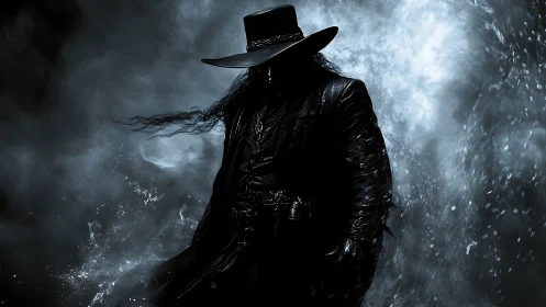 Silhouetted gunslinger stands in backlit stormy spray