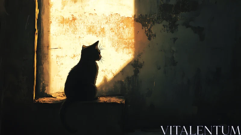 Cat silhouette bathed in golden sunlight through weathered window.