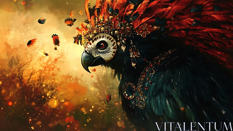 Majestic Parrot in Ornate Feathered Headdress, Digital Fantasy Art.