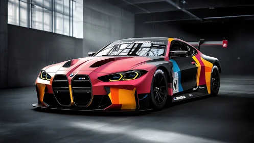 Racing prism slips through shadows in a neon-laced workshop