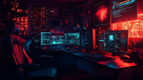 Cyberpunk dual-desk command center with multi-monitor array.