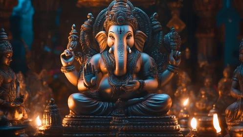 Bronze Ganesha idol is illuminated by multiple warm lamps