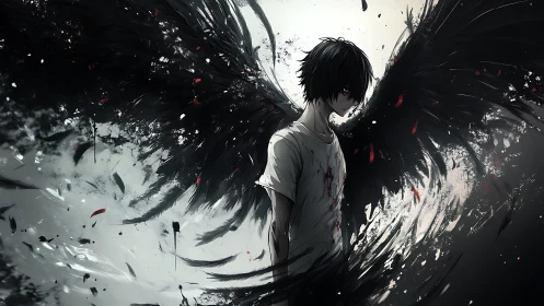 Dark-winged fallen youth in dynamic ink-splatter chiaroscuro