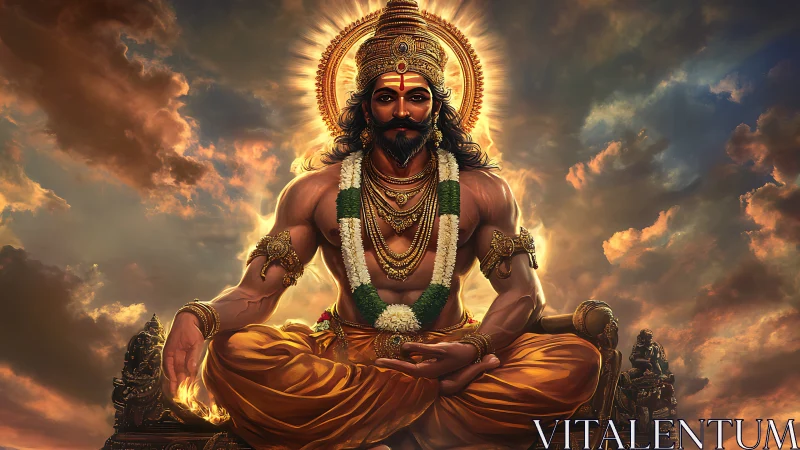 Seated mythic figure meditates against dramatic sunset sky