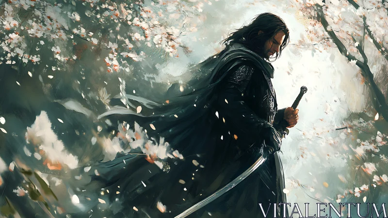 Solitary swordsman walks under falling blossom petals