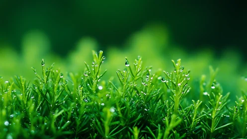 Morning dew on fresh green foliage in soft focus.