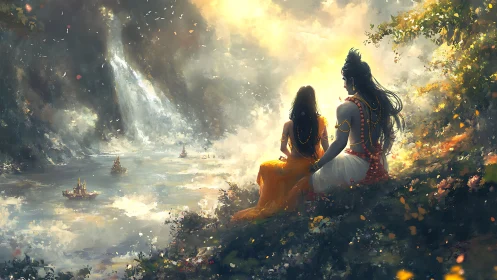 Digital painting of divine figures above mythic river vista.