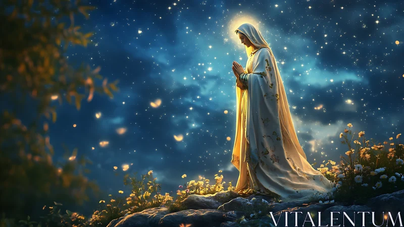 Devout robed woman praying under dense starry night sky.