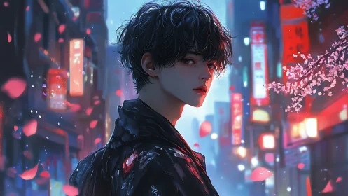 Moody anime youth in neon city street with drifting petals