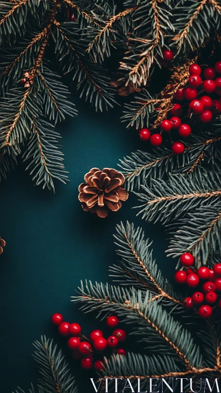 Cozy Evergreen Sprigs And Berries Framing A Winter Pinecone.