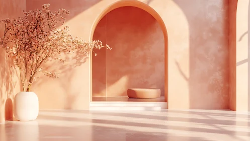 Soft peach archway sanctuary with blossoms and quiet light.