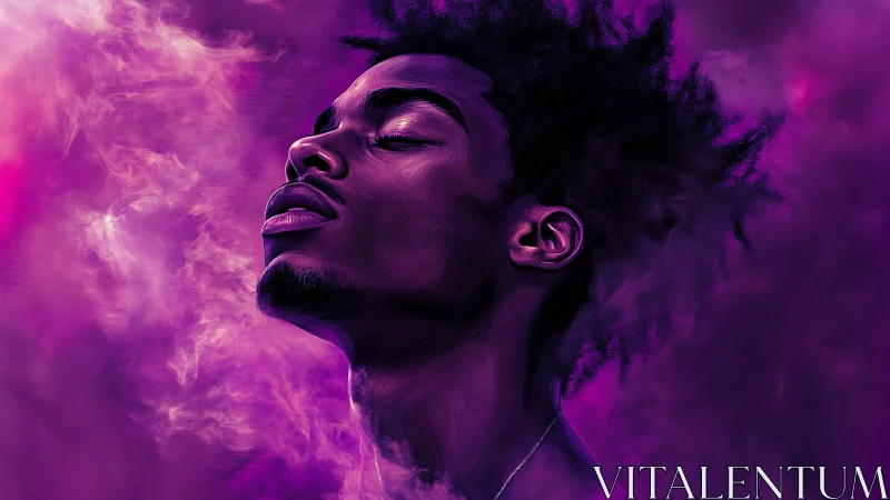 Side-profile male portrait is rendered in monochrome purple smoke