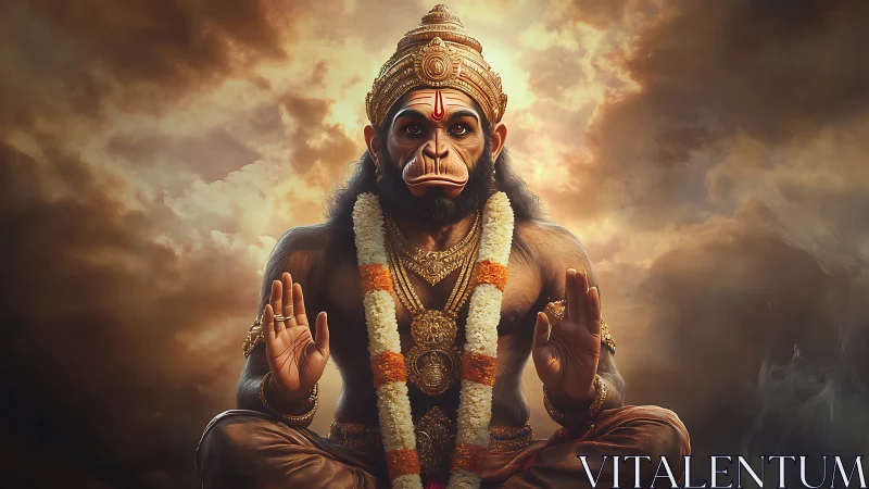 Divine simian deity seated in meditation amid storm clouds.