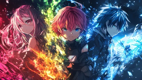 Elemental anime trio framed by explosive chromatic energy.