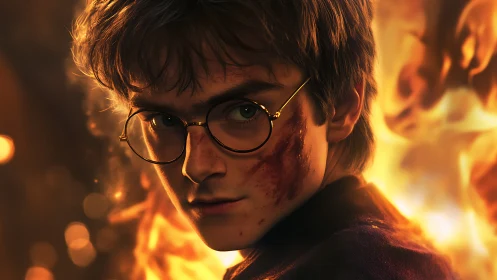 Young wizard boy with glasses staring against fire glow.