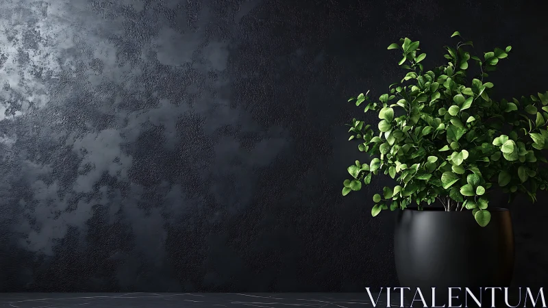 Green potted plant against dark textured wall background.