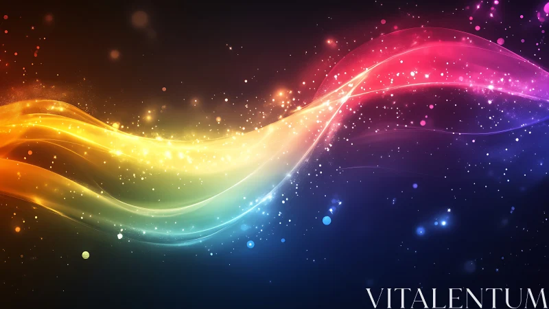 Prismatic light waves stream across a starry cosmic field.