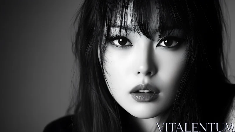 Monochrome close-up portrait of woman with straight hair.