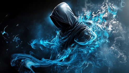 Hooded spectral figure dissolves into dynamic blue energy plumes