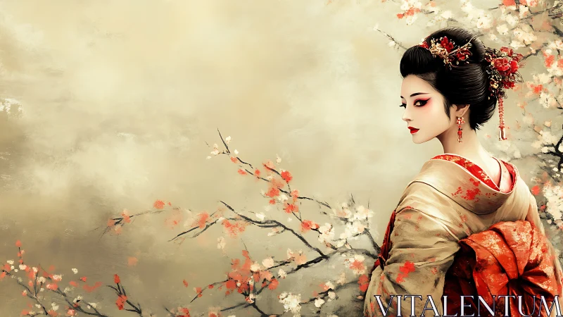 Elegant geisha portrait with painterly blossoms and gold mist.