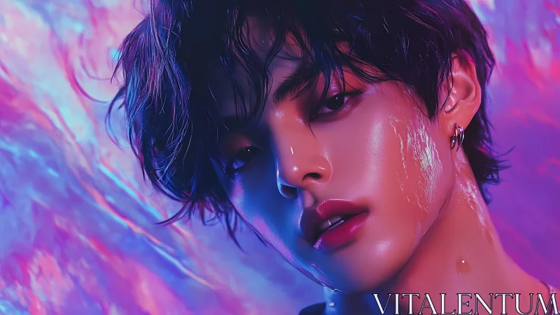 Iridescent portrait of wet-skinned youth in neon magenta glow.