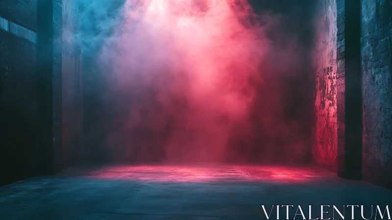 Moody warehouse corridor filled with red and blue fog.