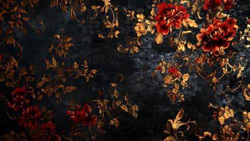 Red Peonies Against Dark Weathered Floral Background.