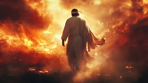 Robed wanderer strides calmly through a roaring sea of fire