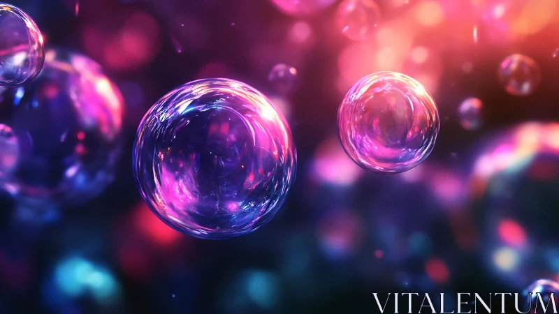 Chromatic bubbles drift softly through neon dusk light