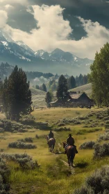 Riders on rural trail toward mountain ranch under clouds.