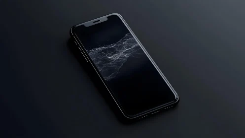 Modern smartphone with cracked screen on dark minimalist background.