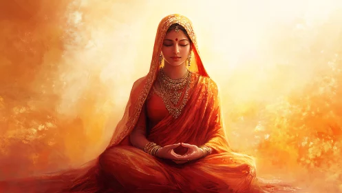 Serene woman in orange sari resting in golden meditation.