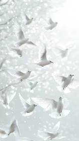 Graceful white doves rise together in a soft winter sky