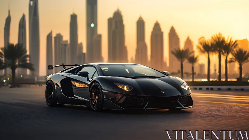 Black supercar on city boulevard at warm sunset light.