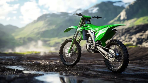 Emerald motocross bike parked on wet mountain trail at dawn.