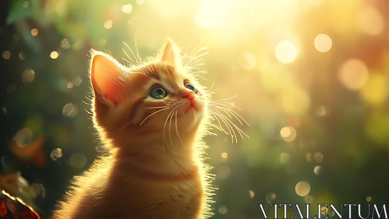 Orange kitten gazing upward in warm, bokeh-filled light.