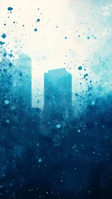 Urban skyline silhouettes in layered blue watercolor mist.