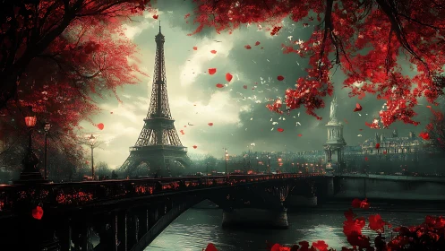 Midnight Paris dream under crimson falling petals haze.
